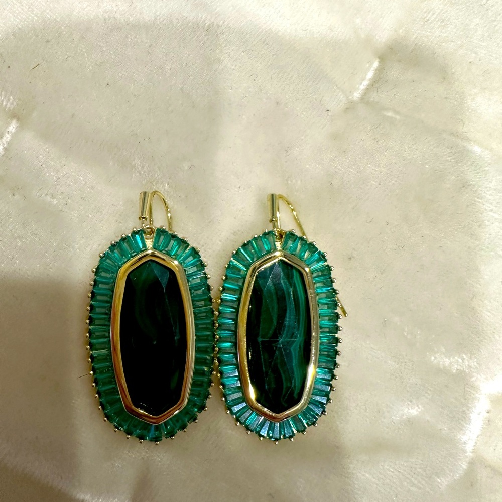 Kendra Scott yellow gold frame green earrings with baguette stones.